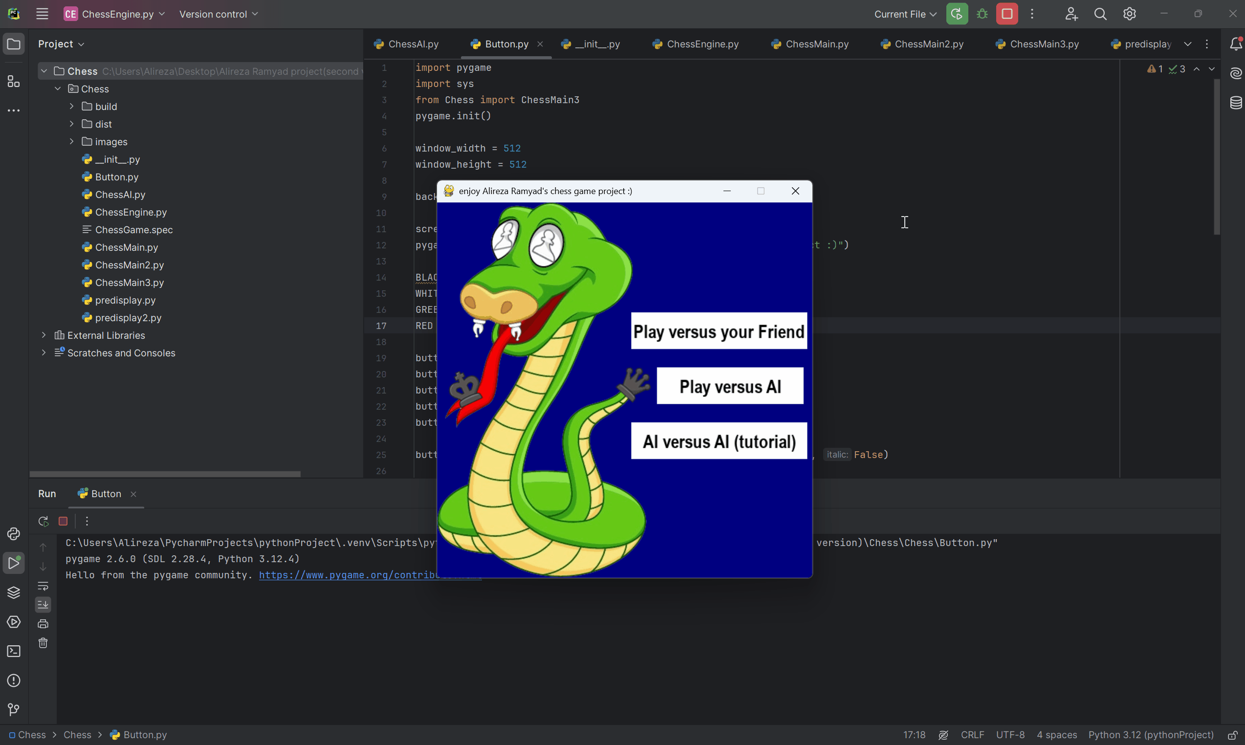 Python chess AI game animation with scoreboard